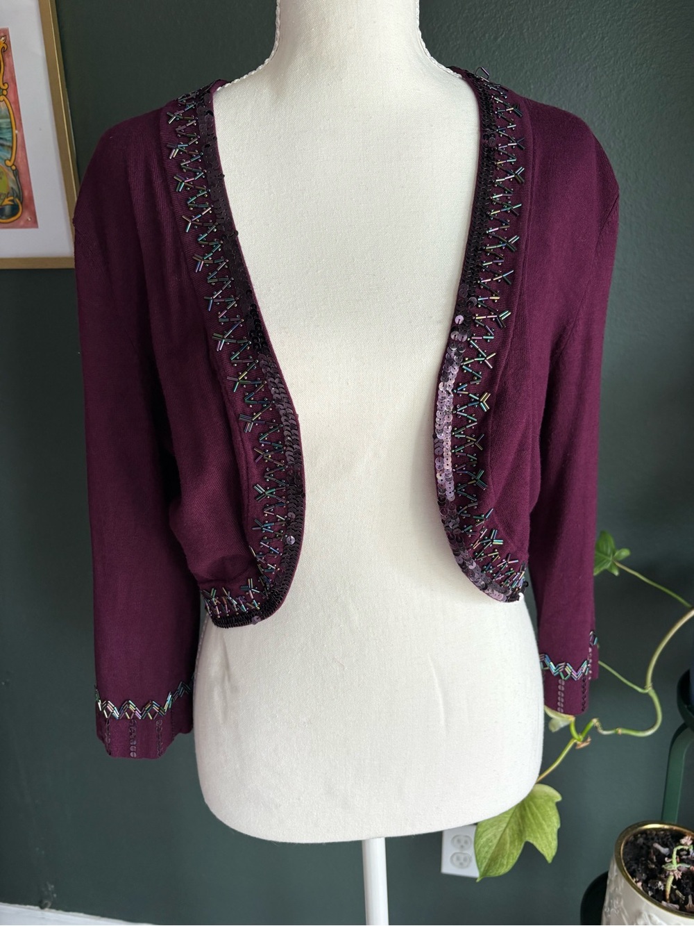 Cache Burgundy Beaded Sequin Bolero Cardigan Sweater Women’s M